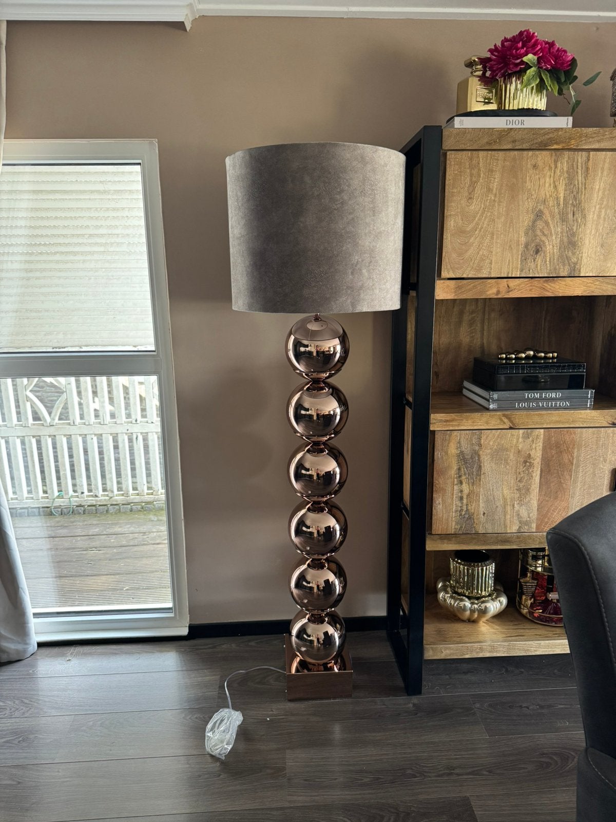 Bol lamp bronskleur met grijs / taupe lampenkap velvet, Ophalen, Nieuw, Metaal, 150 tot 200 cm