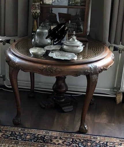 Antieke houten salontafel met glazen blad, Ophalen