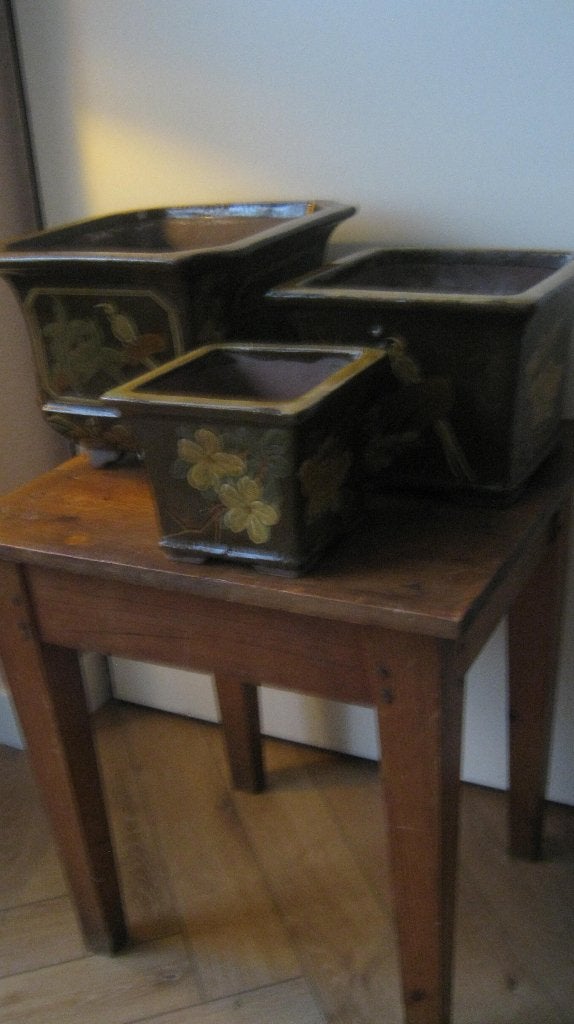 set van 3  exotische vintage bloempotten voor binnen, Ophalen, Vierkant, Binnen, Zo goed als nieuw