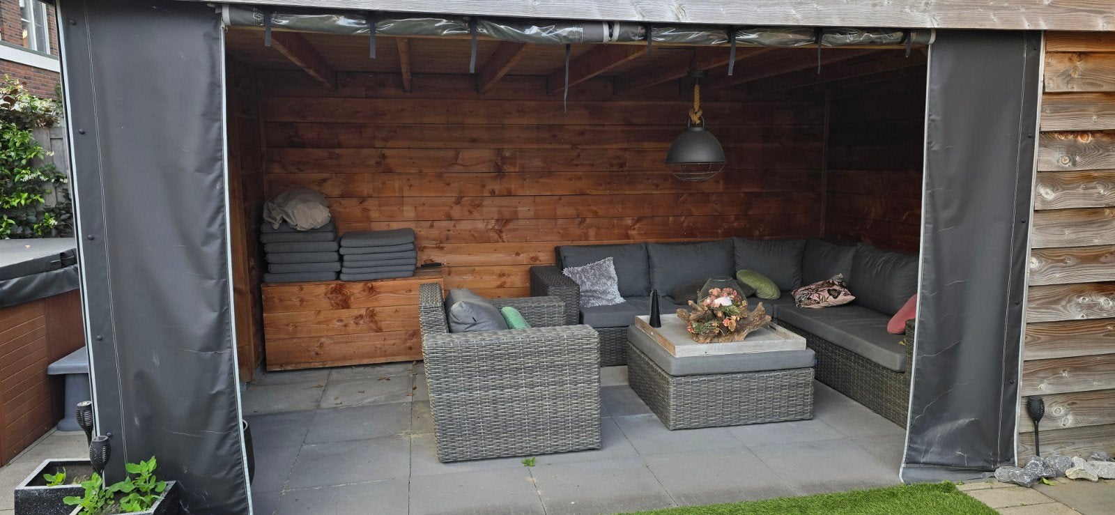Houten Veranda met  Zeilen, Ophalen, Tuinhuis, 250 tot 500 cm, Zonder ramen
