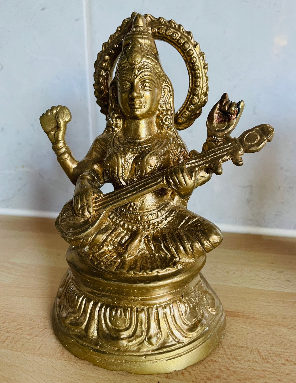 Vintage messing beeldje van godin Saraswati, Ophalen of Verzenden