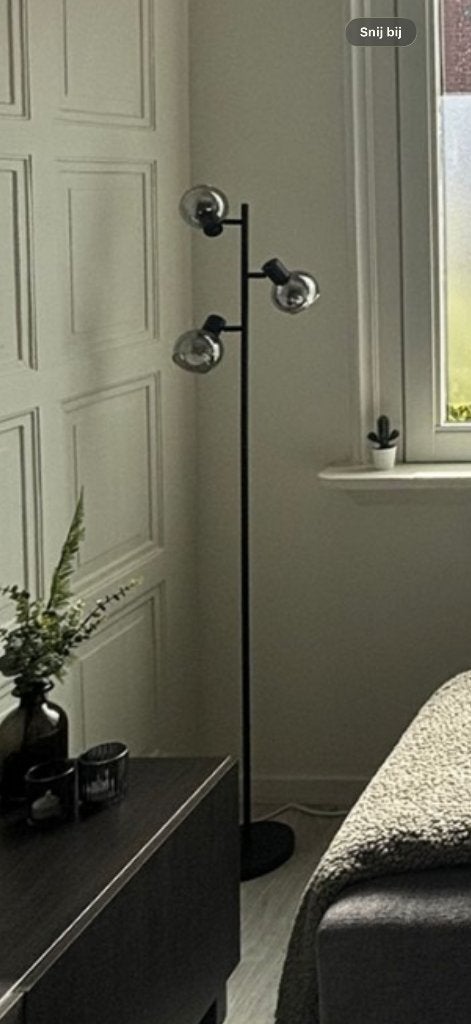 Moderne 3-lichts vloerlamp zwart met smoke glazen bollen, Ophalen, Overige fittingen, Zo goed als nieuw, Glas