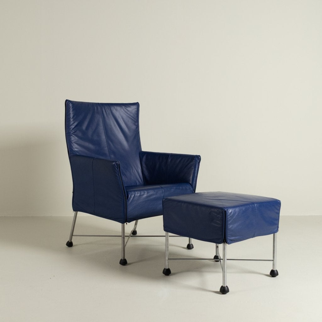 Montis Charly Fauteuil Donkerblauw Leer - Aluminium (Op Dopp, Niet ingevuld, Zo goed als nieuw, Niet ingevuld, Niet ingevuld