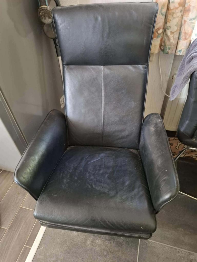 Zwarte Leren Relaxfauteuil met Voetensteun, Ophalen, Gebruikt, 100 tot 125 cm, Leer
