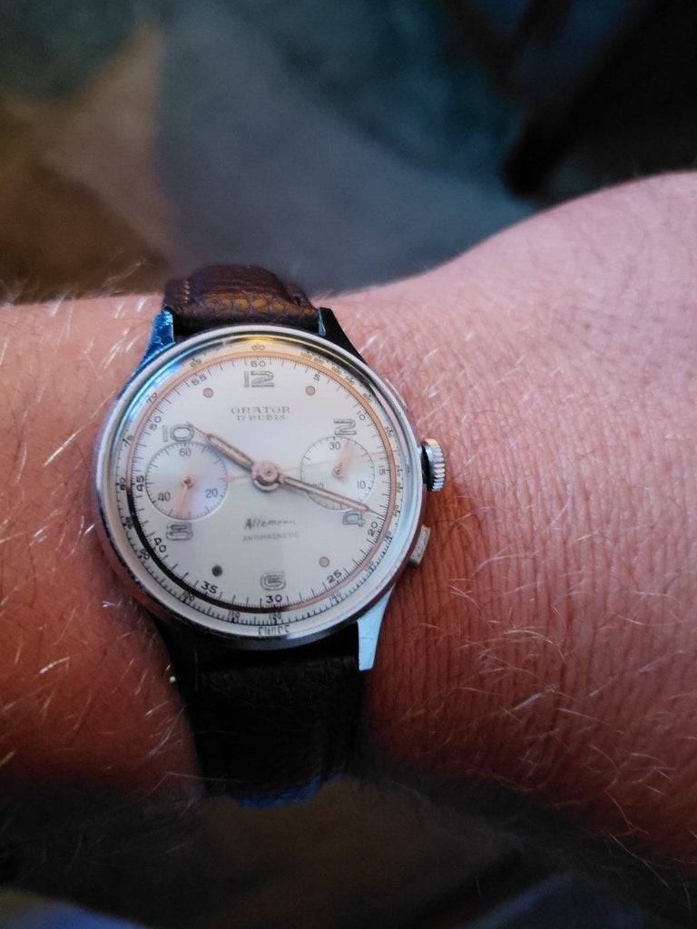 Orator-Allemann chronograaf, Sieraden, Tassen en Uiterlijk, Overige merken, Leer, Staal, Polshorloge