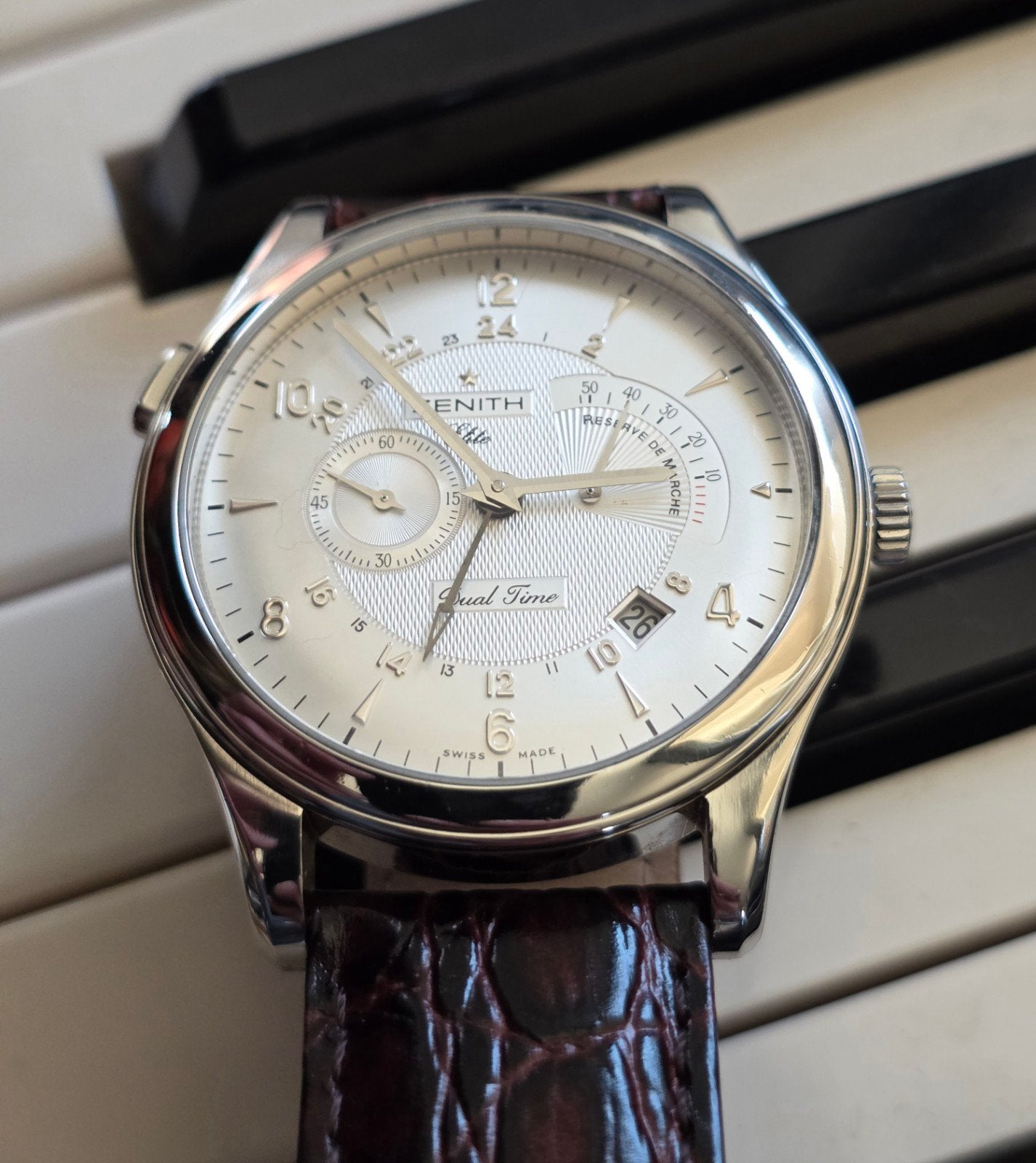 Zenith Elite Dual Time Reserve De Marche, Overige merken, Leer, Staal, Polshorloge