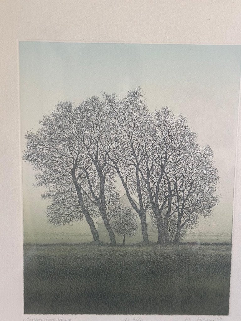 Ets 'Eenzame boerenschuur' van Hans Heijman (1981), Landschap, 51 cm, Genummerd, Ophalen