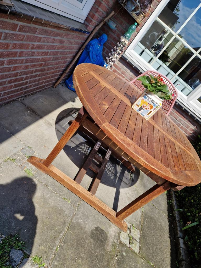 Teak tafel 120 uitschuifbaar tot ovaal, Tuin en Terras, Tuinsets en Loungesets, Ophalen, Gebruikt, Teakhout, Eettafel