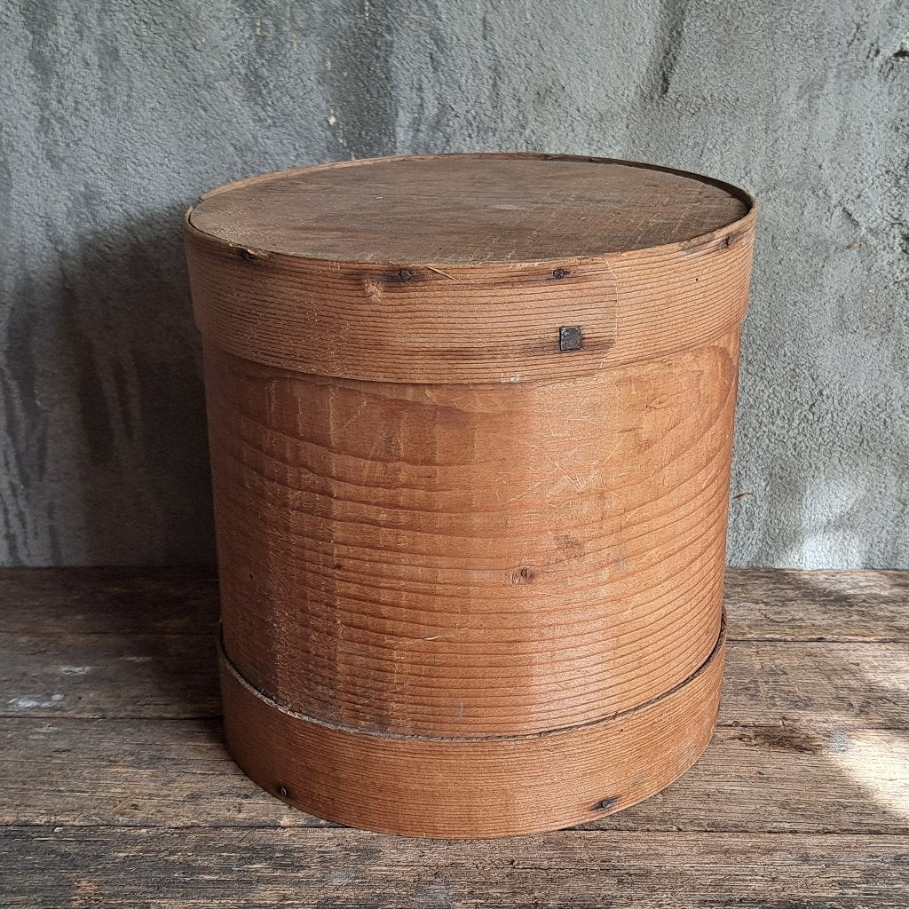 Brocante oude spanen doos box hoogte 19cm ø 19cm *Etage3*, Gebruikt, ., Ophalen of Verzenden, .