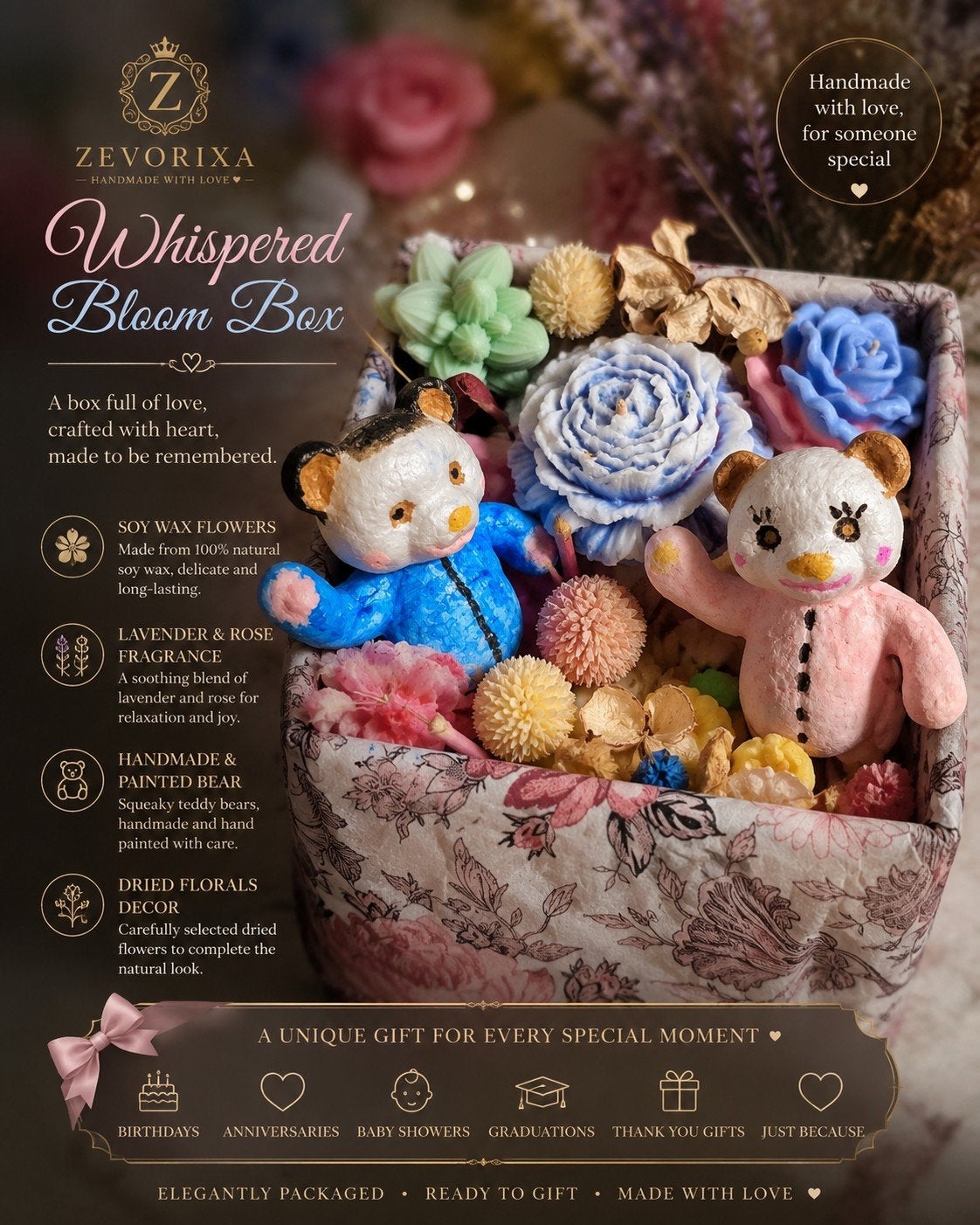 Handgemaakte Geschenkdoos met Beertjes & Sojawas Bloemen, Ophalen of Verzenden, Nieuw, Kraamcadeau