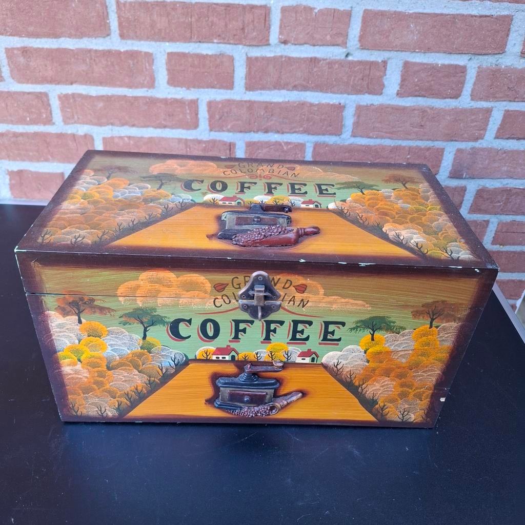 Vintage Houten Koffiedoos met Colombiaans Koffie Design, Ophalen of Verzenden