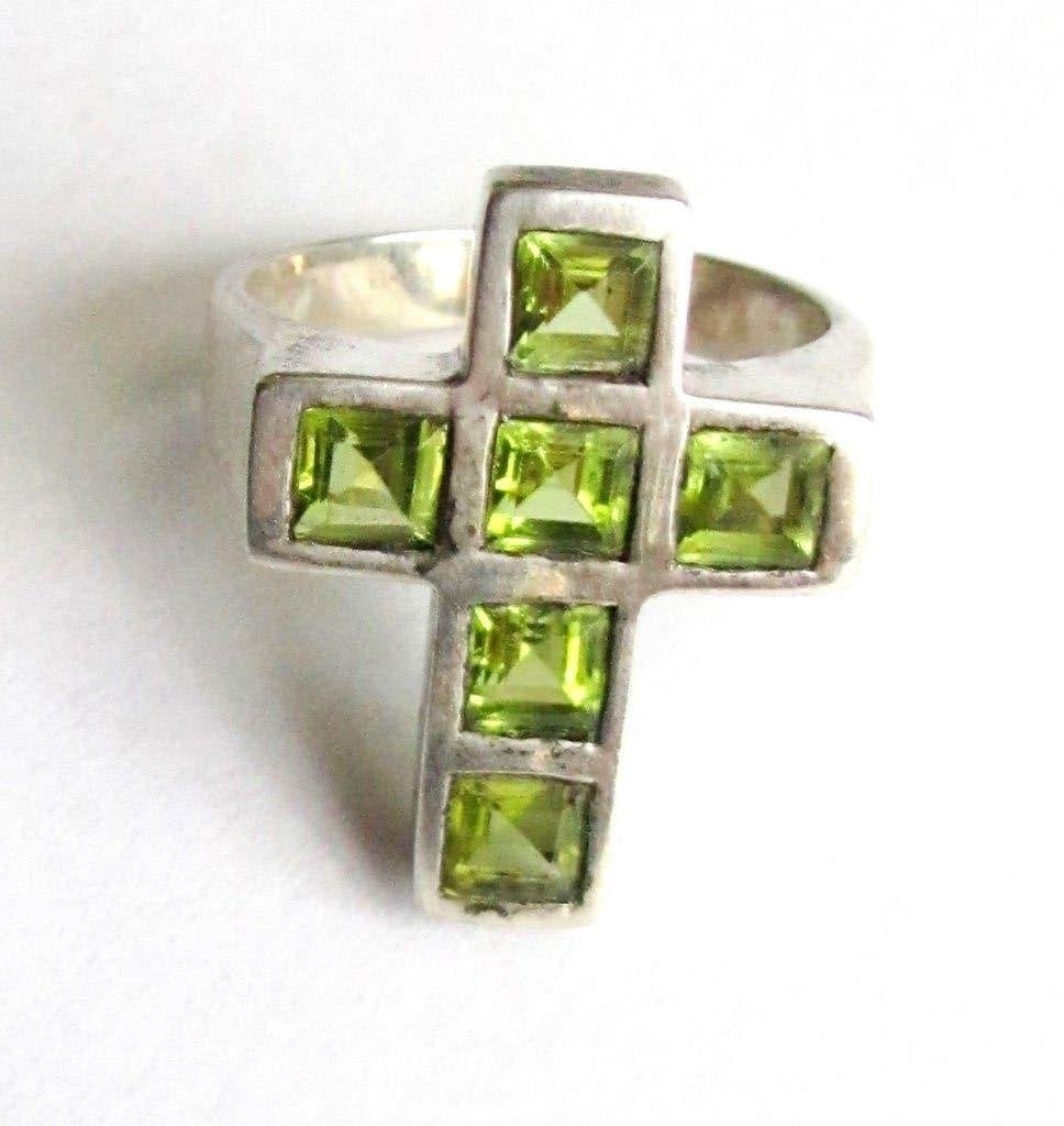 925 zilveren ring met 6 x facet geslepen peridoot, maat 18,5, Ophalen, 18 tot 19, Zo goed als nieuw, Dame of Heer