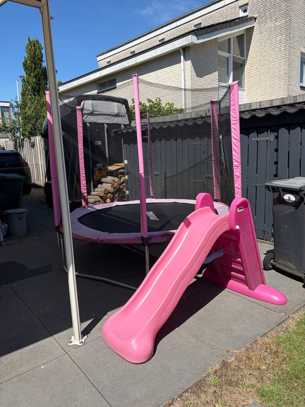Roze glijbaan, trampoline, zwembad en step - Complete set, Ophalen, Gebruikt, Glijbaan