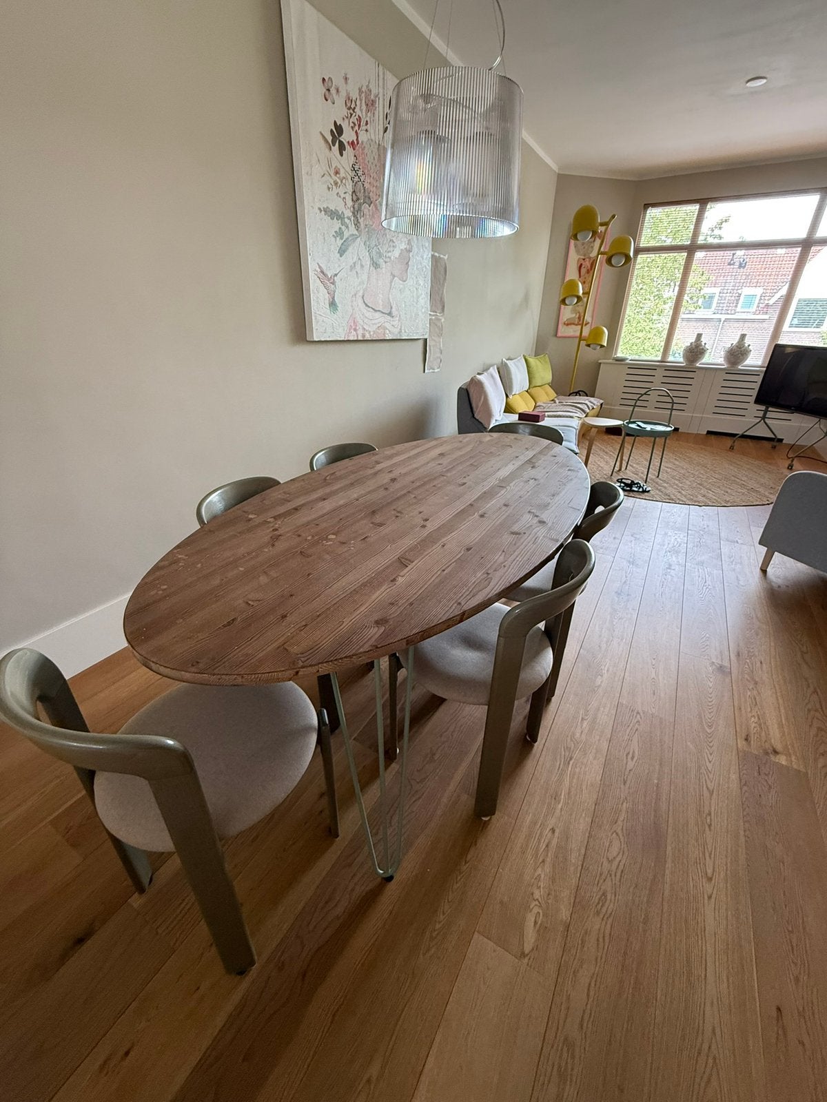 Ovale tafel met hairpin poten - hout en metaal (6 persoons), Ophalen, 200 cm of meer, 50 tot 100 cm, Zo goed als nieuw
