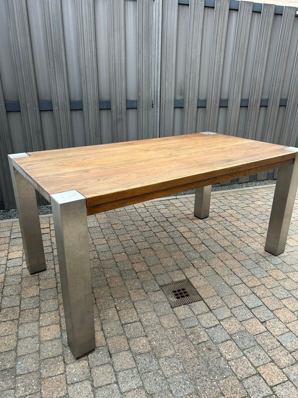 Eetkamertafel massief eiken met RVS poten (160x84 cm), Ophalen, Gebruikt, Eikenhout, 50 tot 100 cm