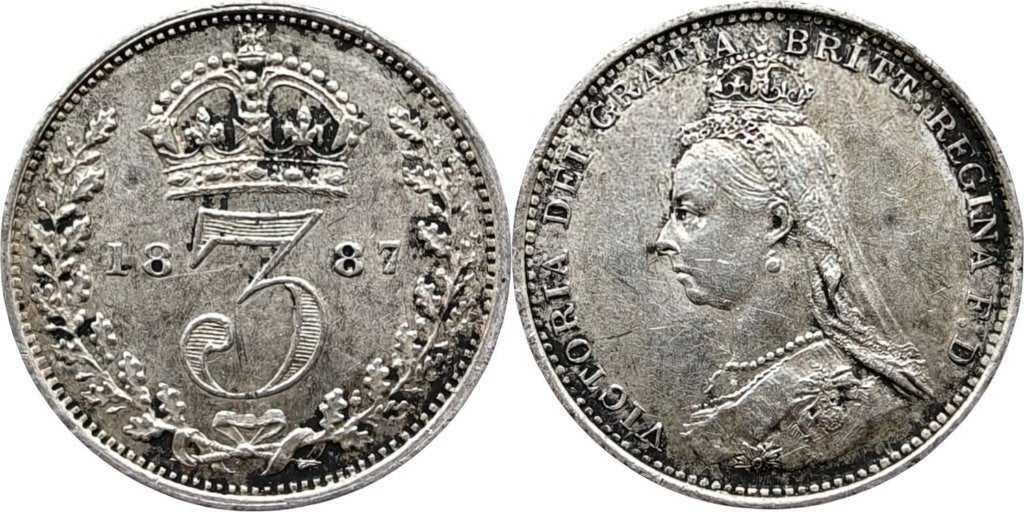 3 pence 1887, Verenigd Koninkrijk, Victoria, Ophalen of Verzenden, Overige landen, Losse munt, Zilver