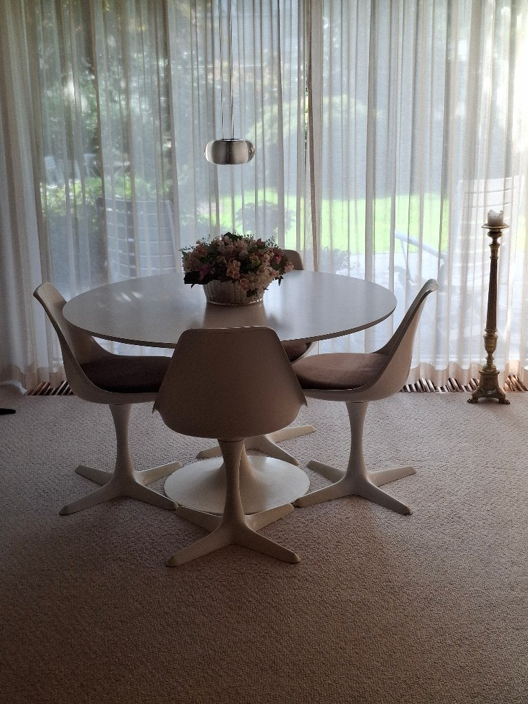 Arkana Vintage eettafel met 4 draaistoelen,  jaren 70, Huis en Inrichting, Ophalen, 50 tot 100 cm, 100 tot 150 cm, Rond