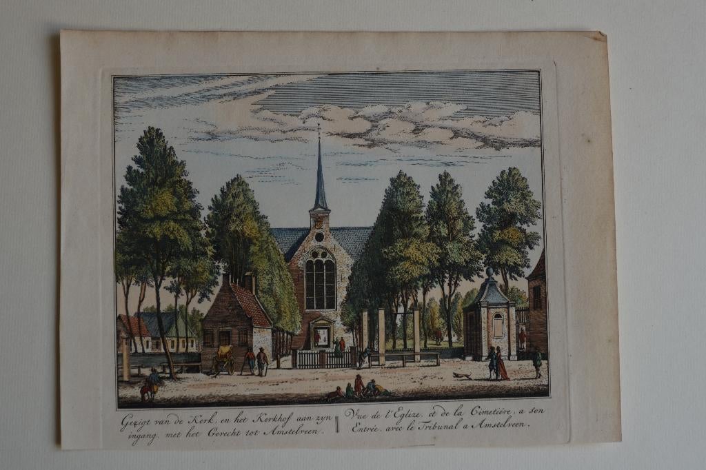 AMSTELVEEN KERK Handgekleurde kopergravure 1727 Schenk E50, Antiek en Kunst, Kunst | Etsen en Gravures, Verzenden, Stadsgezicht