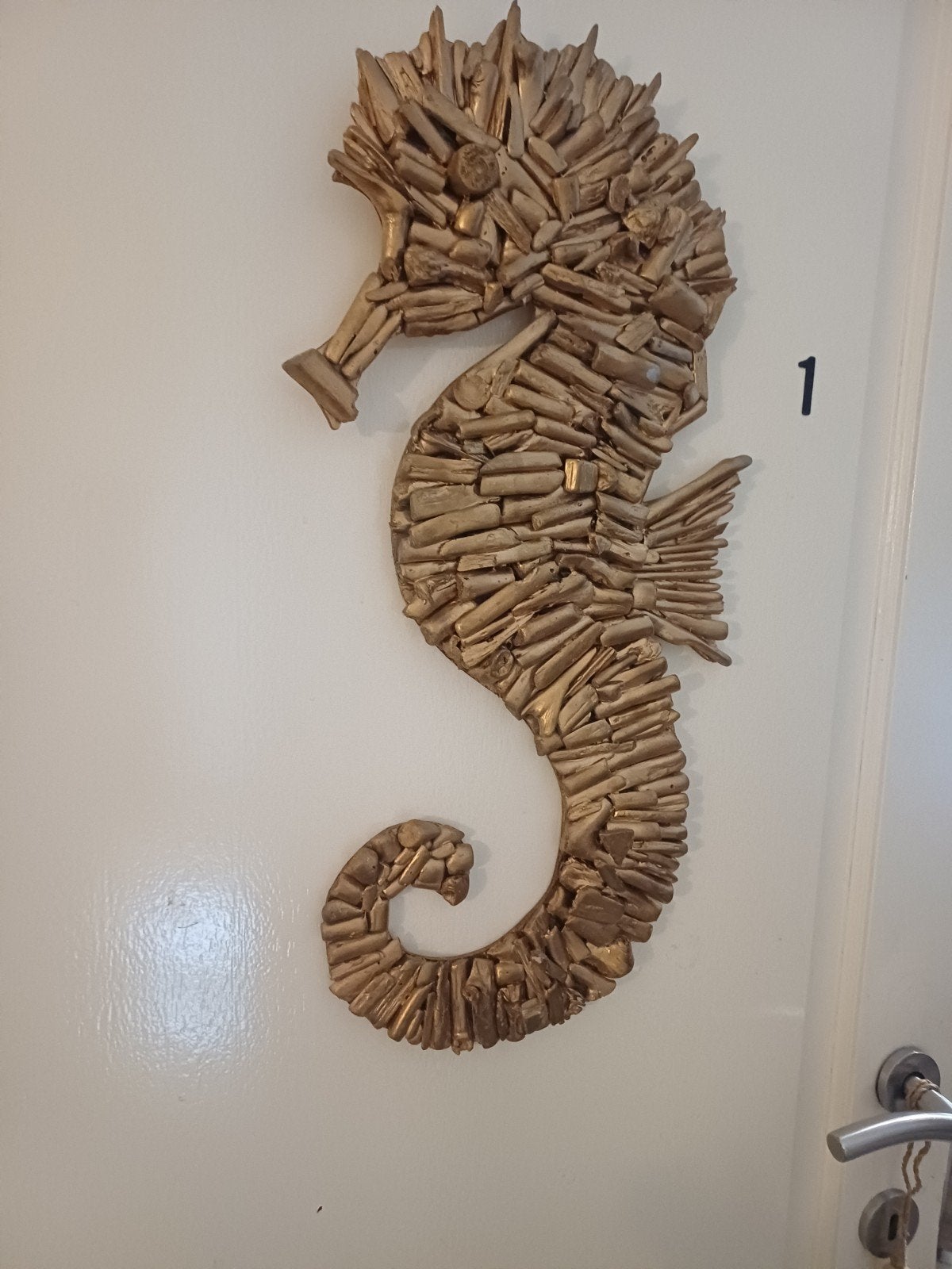 Gouden Zeepaard Wanddecoratie van Drijfhout, Hout, Overige stijlen, Ophalen of Verzenden, Zo goed als nieuw