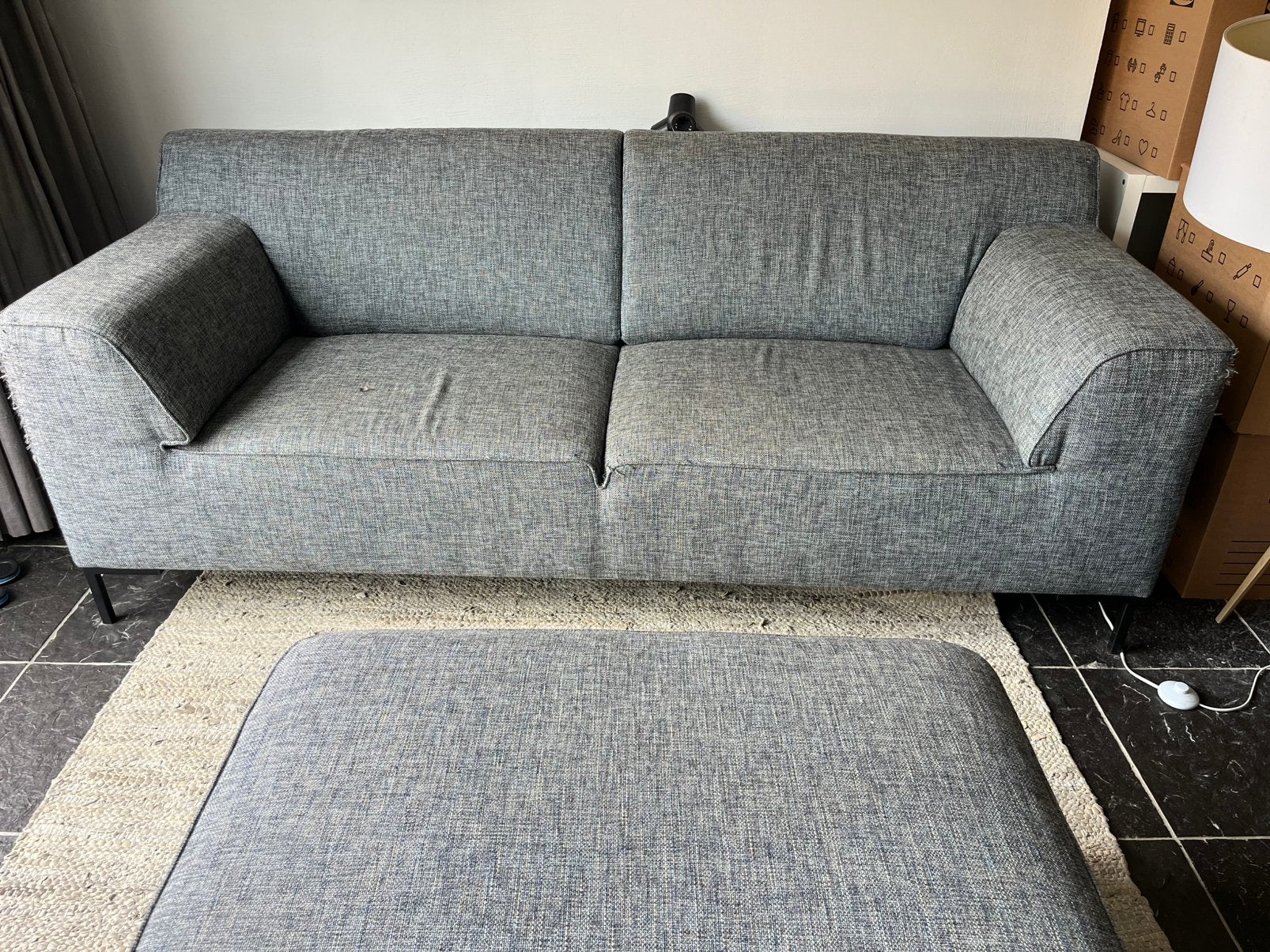 Montel bank met hocker donkergrijs, Ophalen, Gebruikt, Driepersoons, 75 tot 100 cm