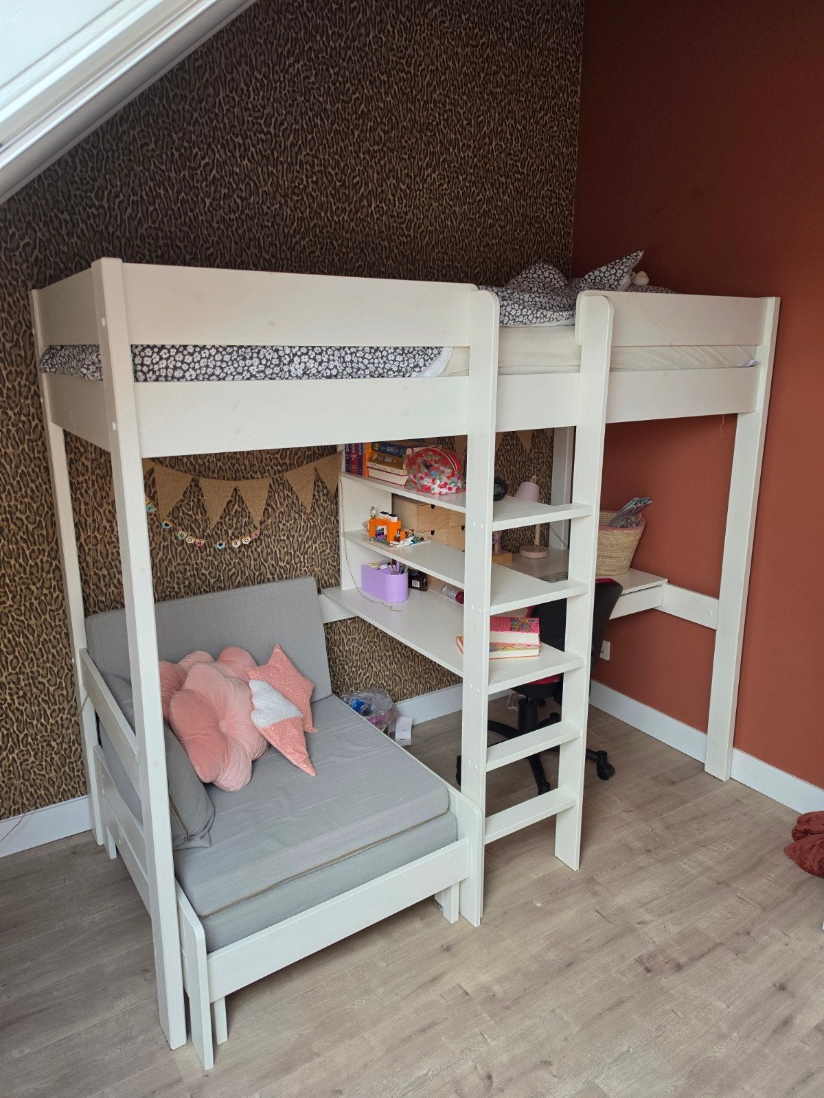 Hoogslaper met uitschuifbaar bed, bureau en bankje, Ophalen, Eenpersoons, Zo goed als nieuw, 200 cm
