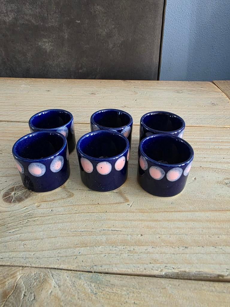 Melitta Eierdopjes Set van 6 - Kobaltblauw Polka Dot - Retro, Gebruikt, Keramiek, Overige typen, Ophalen of Verzenden