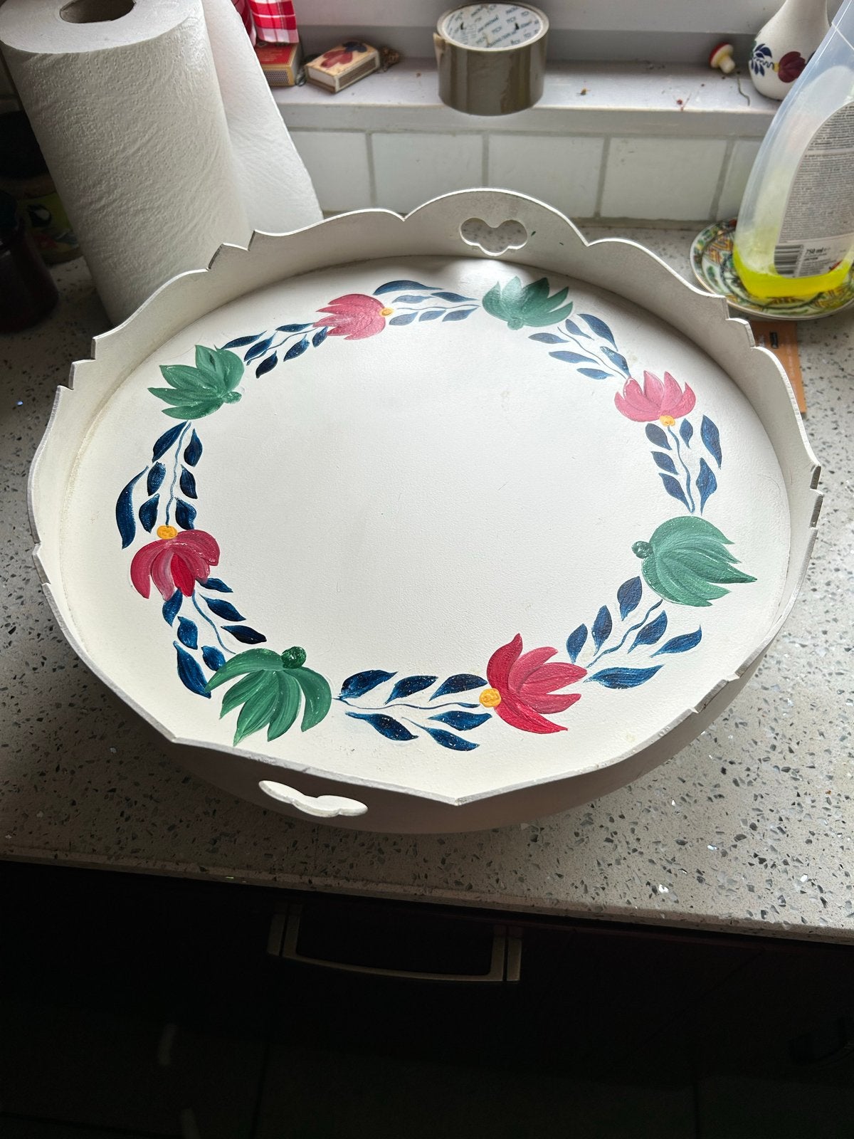 Handgemaakt Dienblad met Boerenbont Motief - Ø 39 cm Hout, Huis en Inrichting, Woonaccessoires | Dienbladen, Gebruikt, Rond, Div