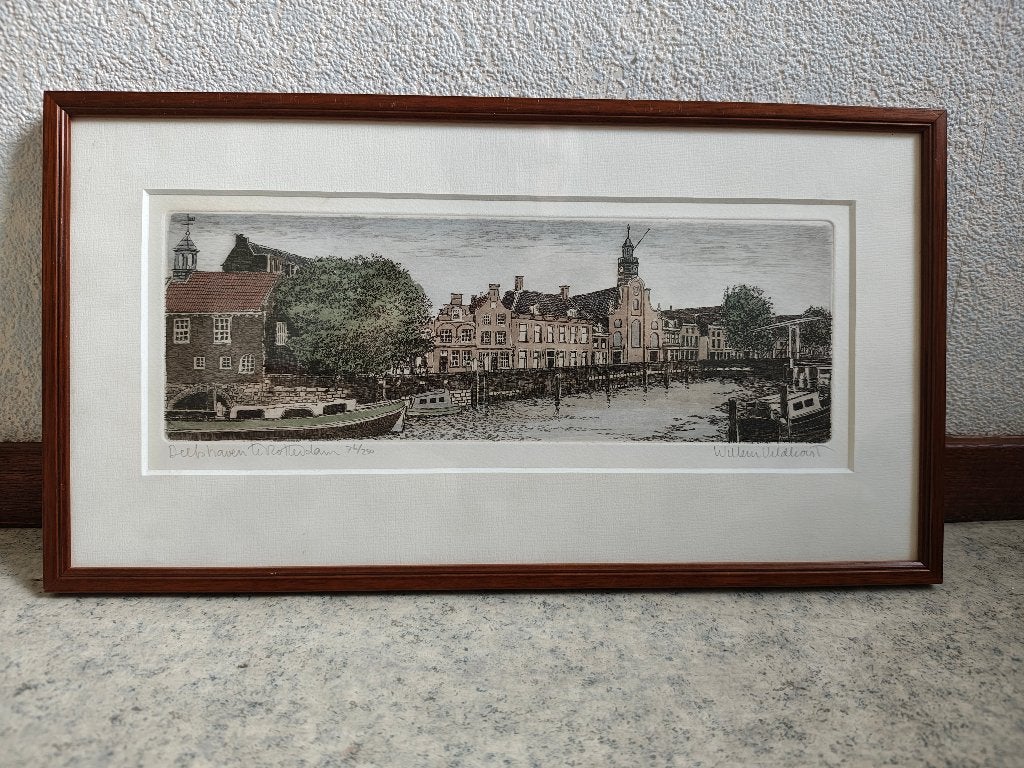 Ets Willem Veldhorst Delfshaven Rotterdam, Antiek en Kunst, Ophalen, Stadsgezicht, Ets, Genummerd