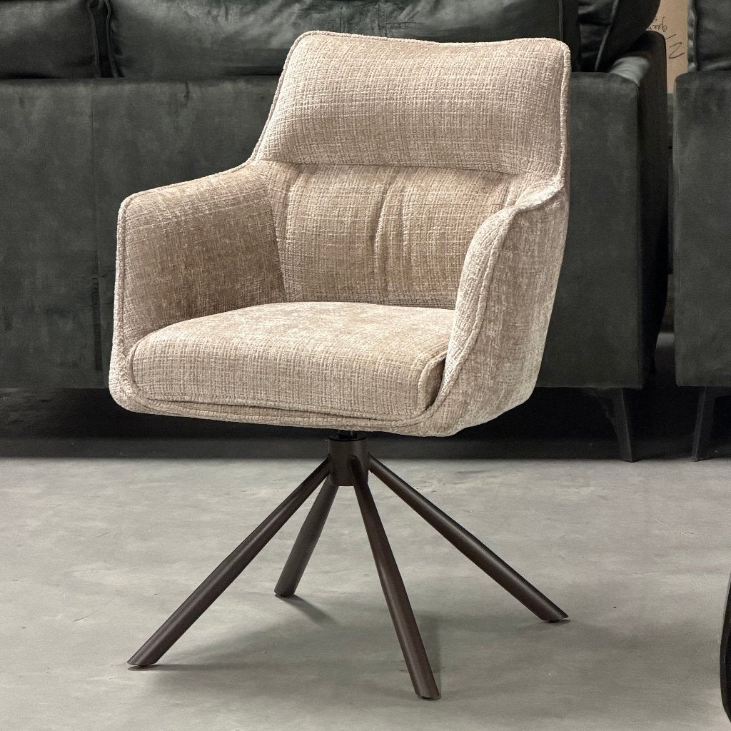 Prachtige luxe draai stoel taupe en donkere kleur, Huis en Inrichting, Ophalen of Verzenden, Nieuw, Overige kleuren, Vijf, Zes of meer stoelen