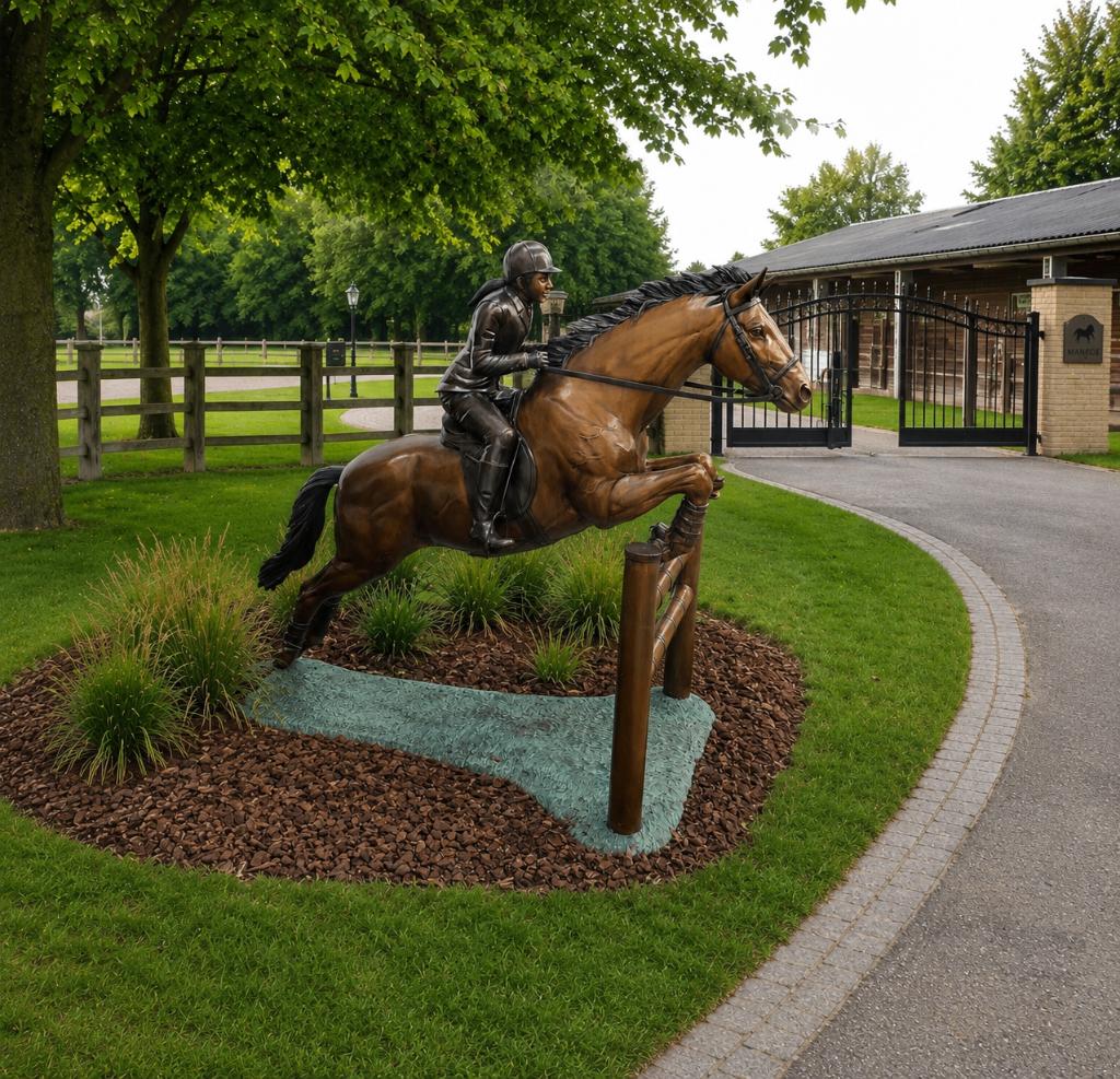 SPRINGPAARD MET AMAZONE / bronzen tuinbeeld / paard, Tuin en Terras, Tuinbeelden, Nieuw, Dierenbeeld, Ophalen of Verzenden