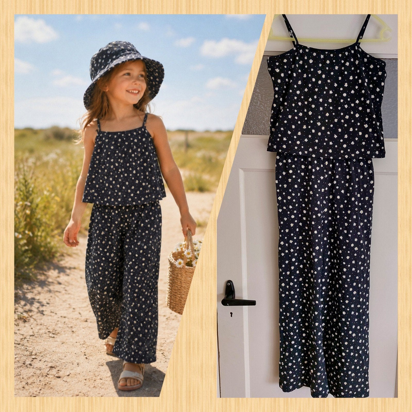 Comfortabele luchtige madeliefjes jumpsuit en hoedje 158-164, Broek, C&A, Meisje, Ophalen of Verzenden