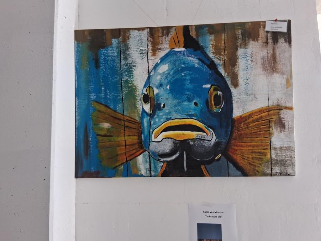 Geschilderde Blauwe Vis - Acryl op Canvas (90x70 cm), Antiek en Kunst, Kunst | Schilderijen | Abstract, Ophalen of Verzenden