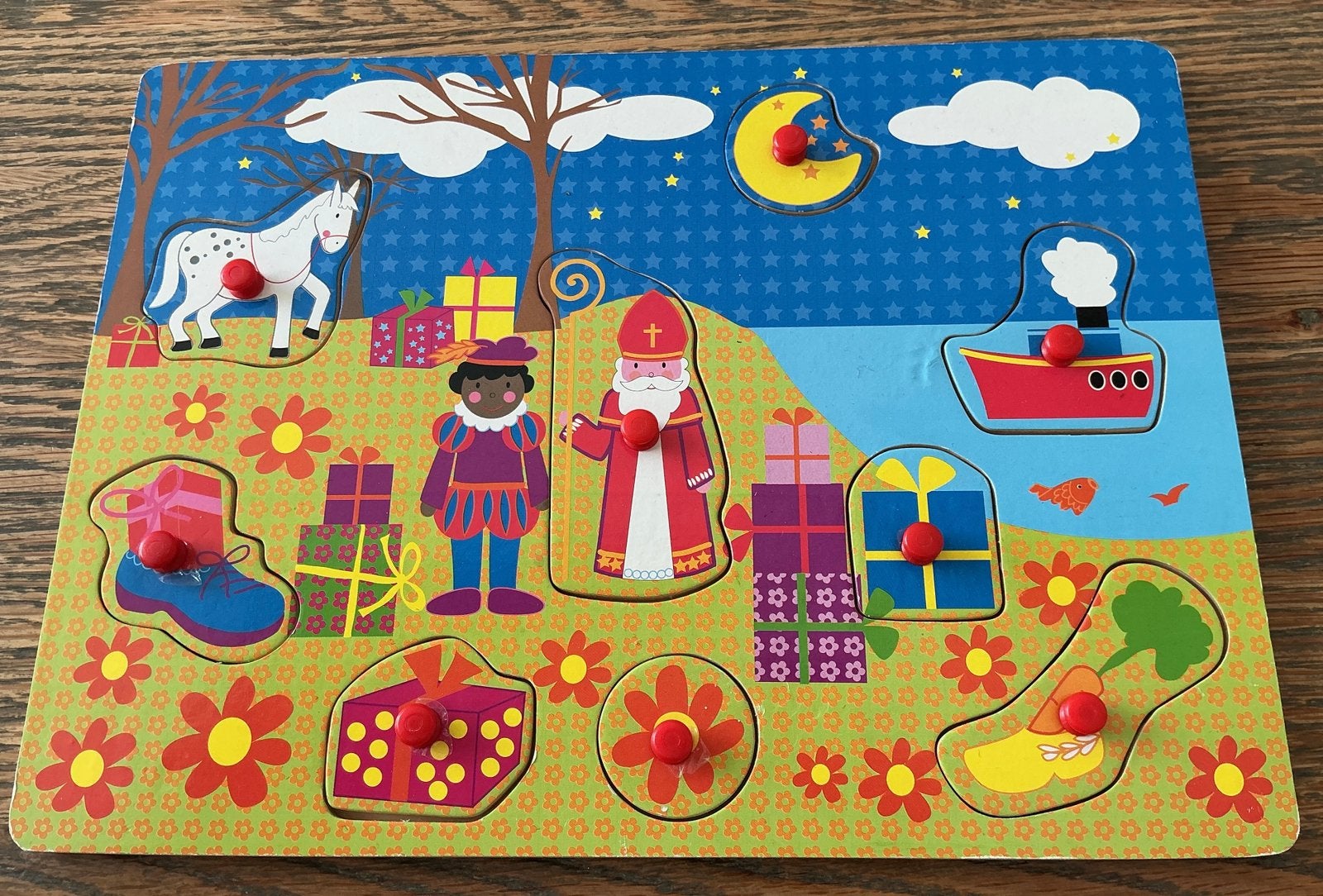 Houten Sinterklaas noppen puzzel inlegpuzzel, Kinderen en Baby's, Ophalen of Verzenden, Gebruikt