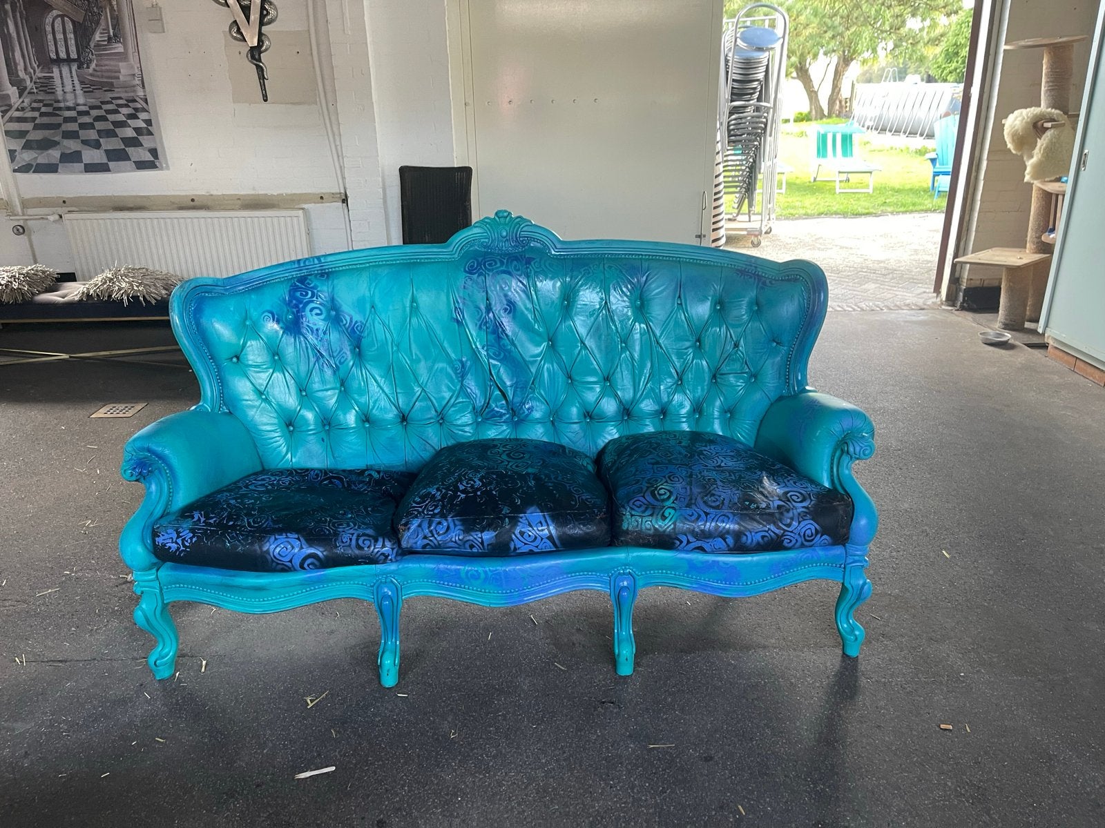 Unieke Barokbank - Handgeschilderd in blauw/turquoise, Ophalen of Verzenden