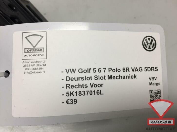 vw golf 6 polo deurslot slotmechaniek rechts voor 5k1837016l, Gebruikt, Volkswagen, Volkswagen AG, Vw@volkswagen.de