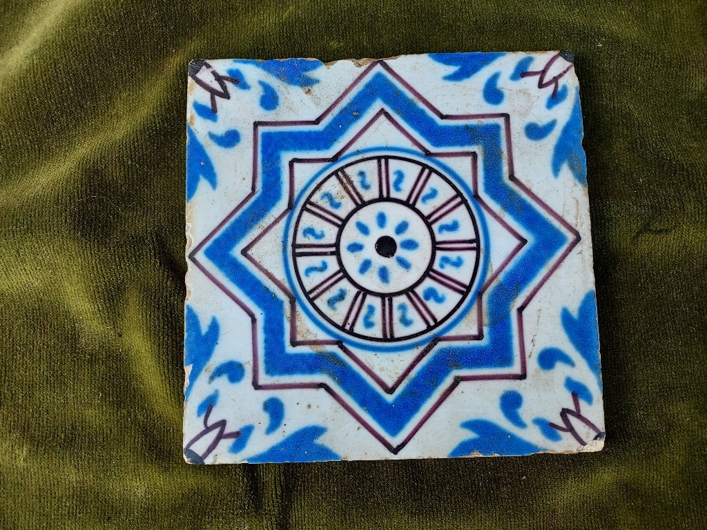 Antieke blauwe tegel met octogonale ster., Verzenden
