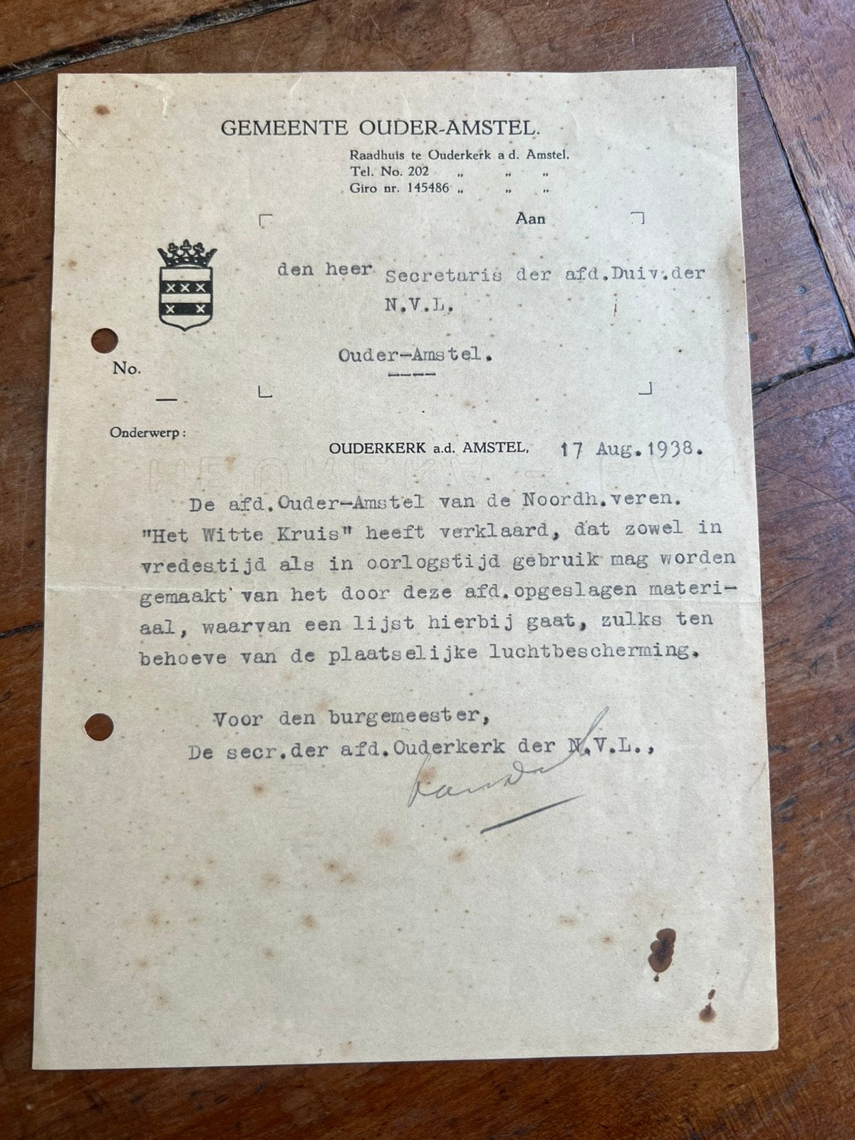 LBD document Duivendrecht Ouder-Amstel 1938 luchtbescherming, Verzenden, Nederland
