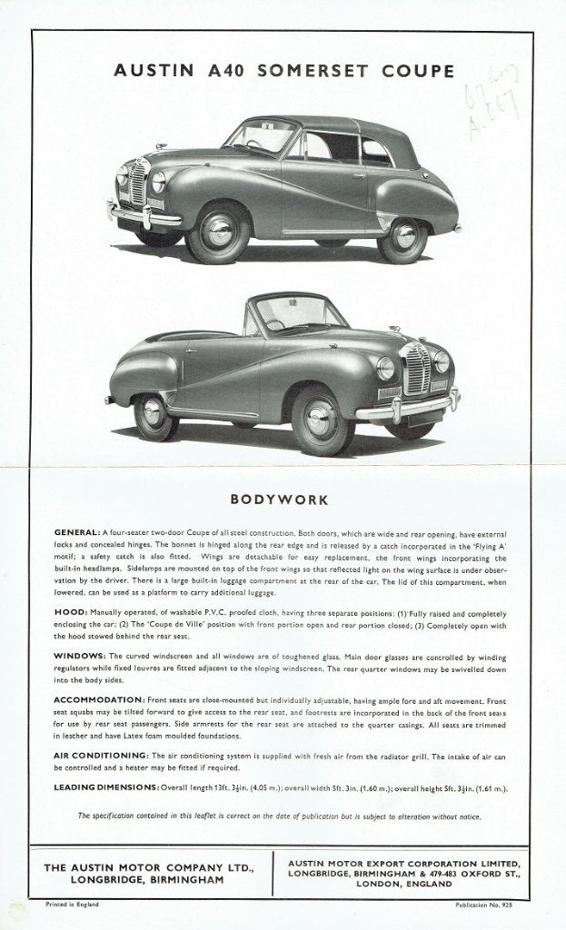 Folder Austin A40 Somerset Coupe (1952), Verzenden, Gelezen, Overige merken