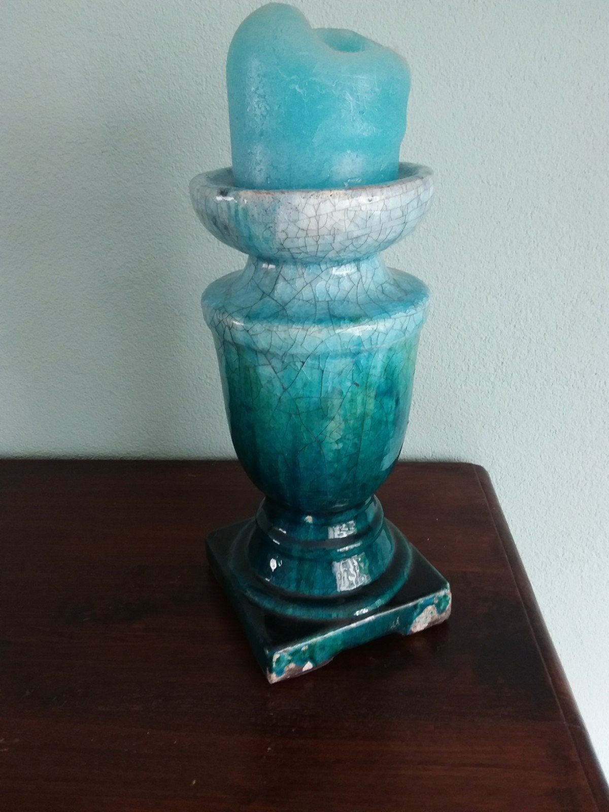 Turquoise kandelaar antieklook  aardewerk H 32 cm, Ophalen of Verzenden, Kaars