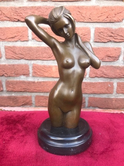 badend naakt, licht erotisch bronzen topbeeld, Brons, Beeld, Vrouw, Gemerkt