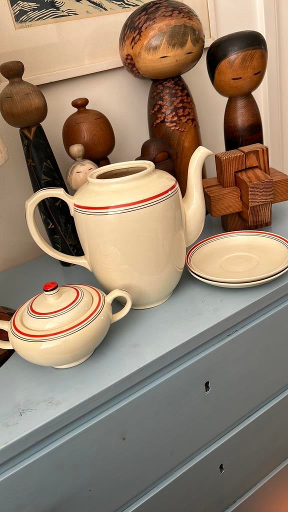 Antieke art deco oranje rand serviesdelen Societe Ceramique, Antiek en Kunst, Ophalen of Verzenden