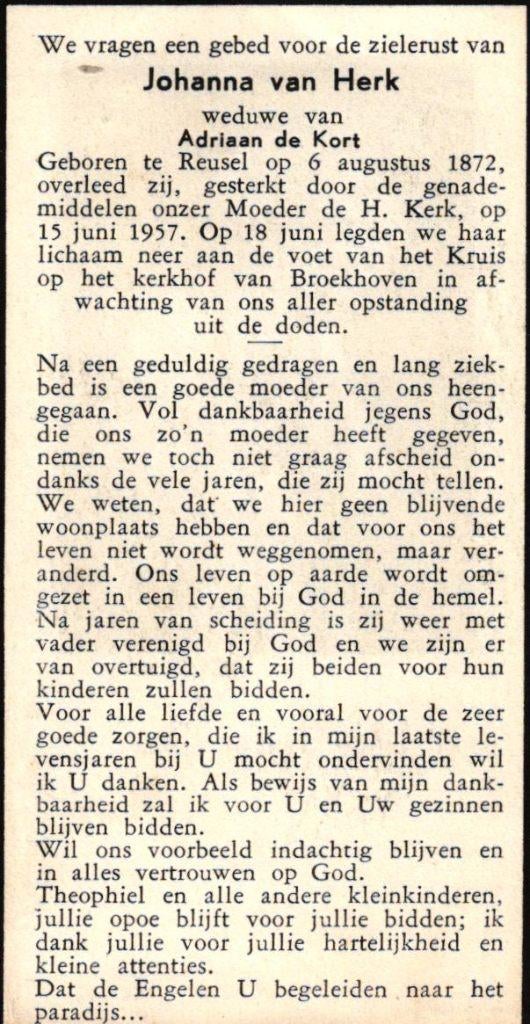 Herk van Johanna Reusel 1872-1957 Broekhoven, Ophalen of Verzenden