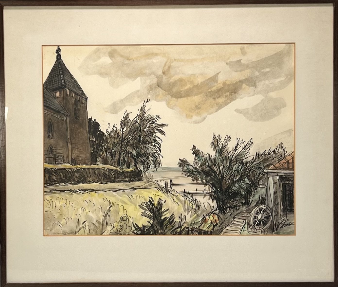 Aquarel kerk van Huizinge - Jannes de Vries - De Ploeg, Ophalen of Verzenden