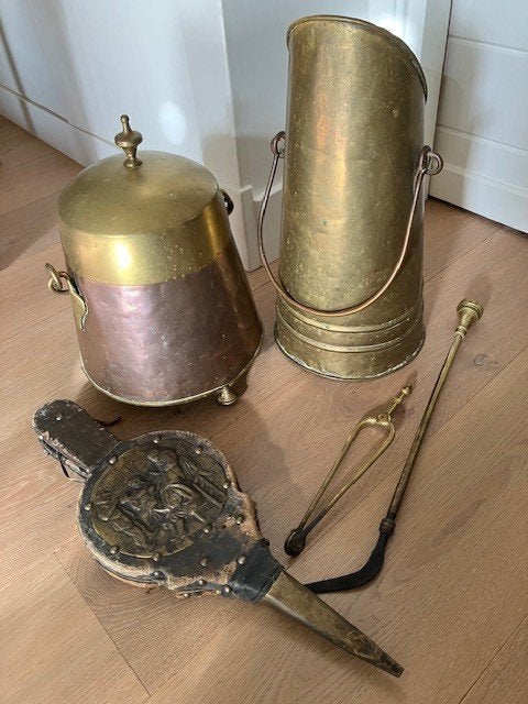 antieke haardset koper kolenkit, doofpot, blaasbalg, Ophalen of Verzenden, Koper