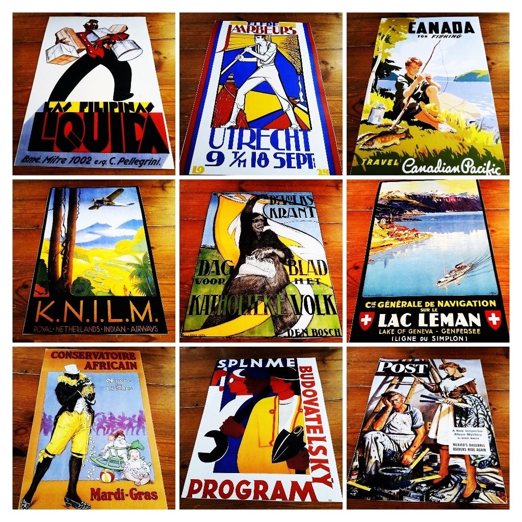 Lot van 9 reproductie posters prenten vintage in één koop, Antiek en Kunst, Curiosa en Brocante, Ophalen of Verzenden