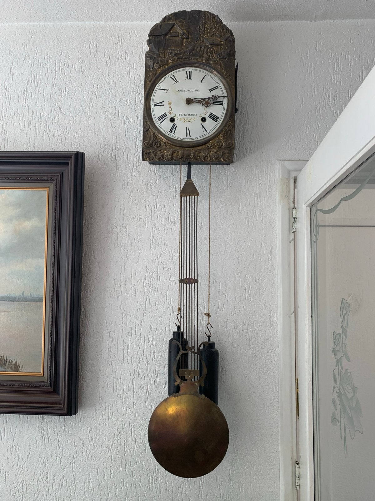 Antieke Louis Jaguine Wandklok met Slinger en Gewichten, Ophalen of Verzenden
