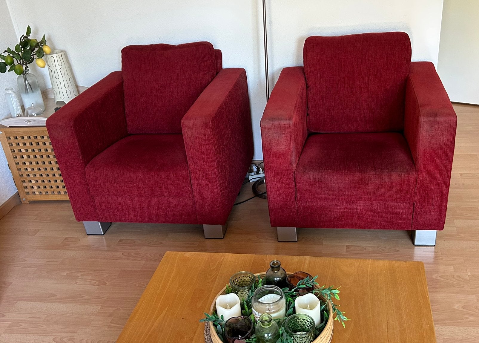 Twee rode stoffen Montel fauteuils, Ophalen, Gebruikt, Stof