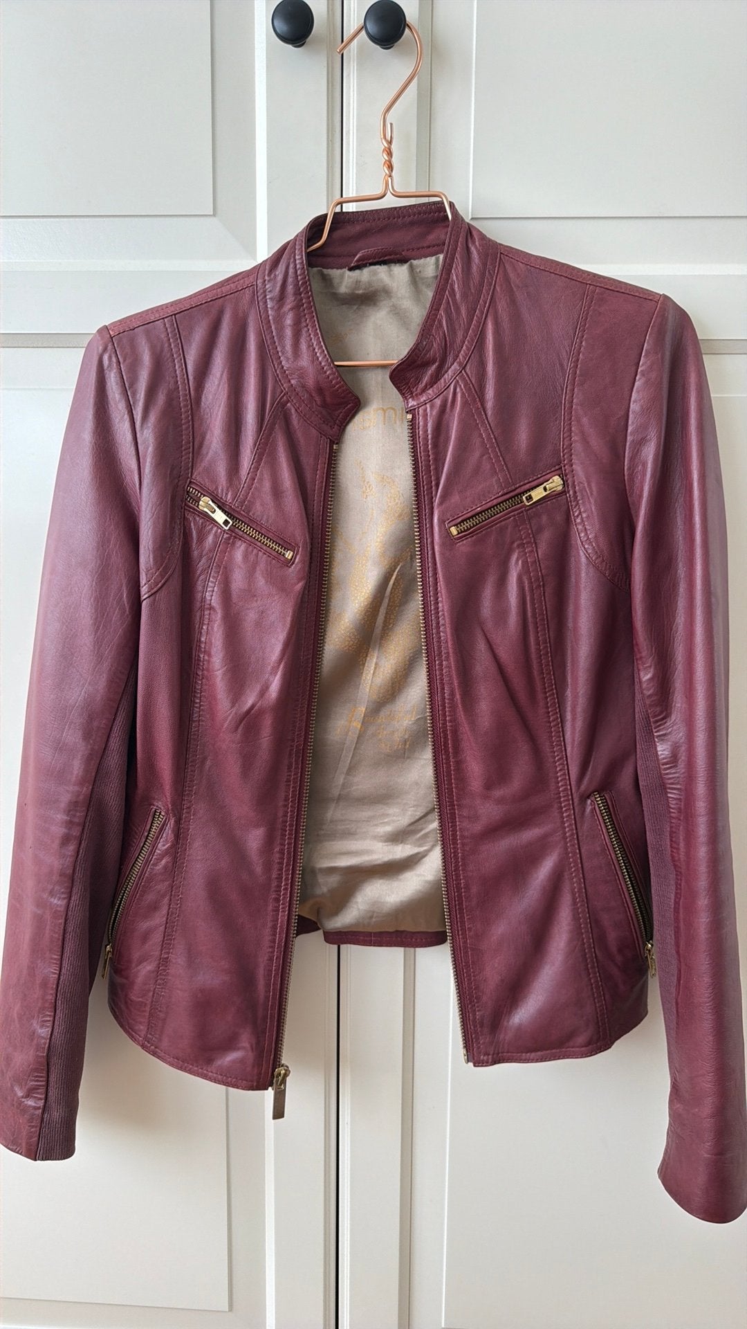 Lederen damesjas bordeaux rood mt S, Ophalen of Verzenden, Zo goed als nieuw, Maat 38/40 (M), Rood