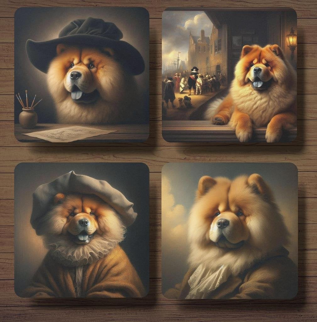 Chow Chow Rembrandt stijl onderzetters met houder, Ophalen of Verzenden, Nieuw