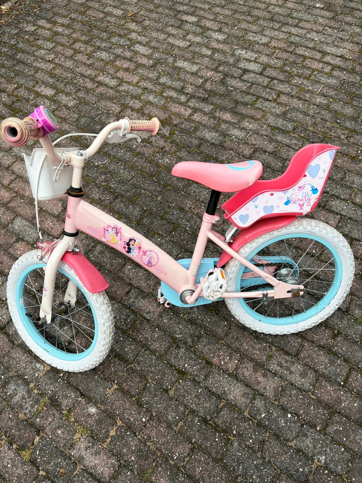 Roze kinderfiets met Disney Princess thema en zitje, Ophalen, Gebruikt, Terugtraprem, 16 tot 20 inch